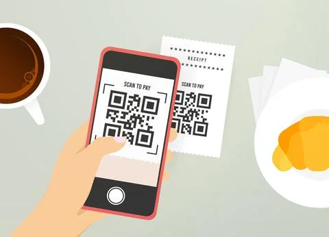 QR code payment concept. Hand holding smartphone that scans QR code on check for Stock Illustration