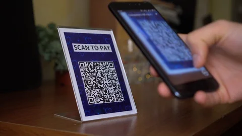QR code payment display in the cafe Video stock 122639801