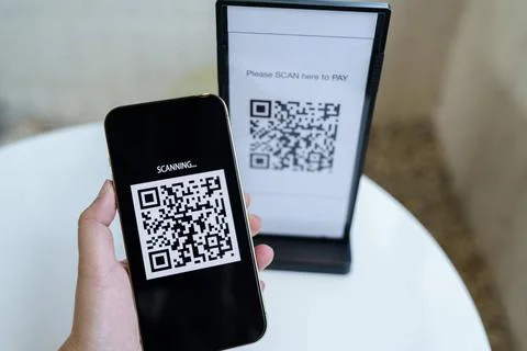 Qr code payment. E wallet. Man scanning tag accepted generate digital pay ... Stock Photos