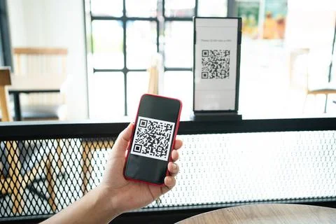 Qr code payment. E wallet. Man scanning tag accepted generate digital pay ... Stock Photos