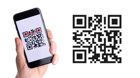 Qr code payment. Hand holding digital mobile smart phone with qr code scanner on Stock Photos