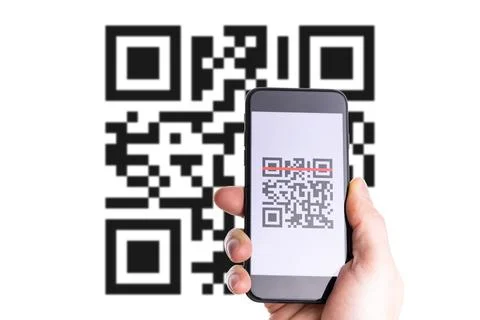 Qr code payment. Hand holding digital mobile smart phone with qr code scanner Foto stock
