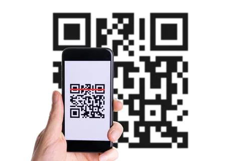 Qr code payment. Hand holding digital mobile smart phone with qr code scanner Foto stock