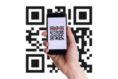 Qr code payment. Hand holding digital mobile smart phone with qr code scanner Stock-Fotos