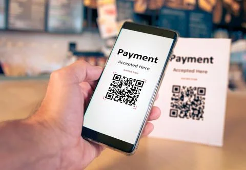 Qr code payment or cashless technology concept. Coffee shop accepting digital Stock Photos
