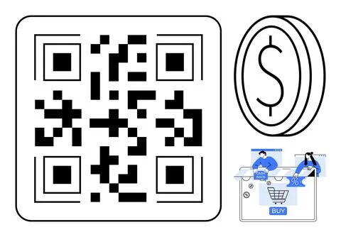 QR code for payments, dollar coin symbol, people shopping online using tablet Stock Illustration