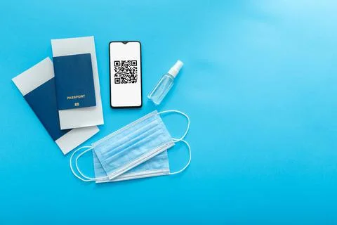 Qr code PCR test results, covid vaccination stamp on smartphone screen in app Stock Photos