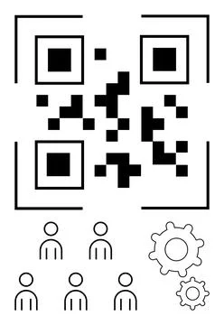 QR Code with People and Gears Symbolizing Technology, Teamwork, and Connect.. Stock Illustration