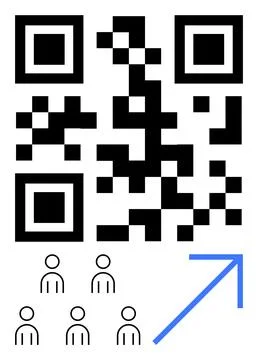 QR Code with People Icons and Blue Arrow Indicating Growth or Direction 스톡 일러스트