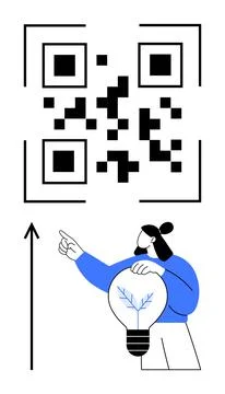 QR Code with Person Holding Light Bulb, Arrow Indicates Innovation and Growth Stock Illustration