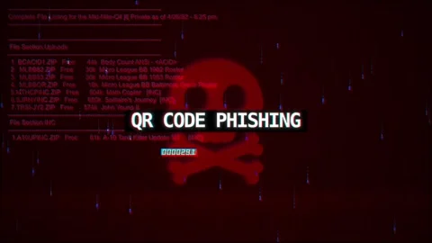 QR Code Phishing Warning Text on hacking background screen Stock Footage 317055825