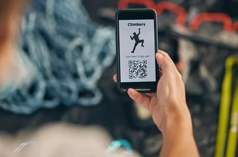 QR code phone, hand and climber signup on 5G internet for adventure hiking or 스톡 사진