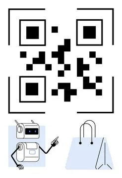 QR Code with Robot Indicating Online Shop and Shopping Bag Concepts Stock Illustration