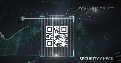 QR code scan with graphs and stats on a connected web, digital composite. Stockfoto's