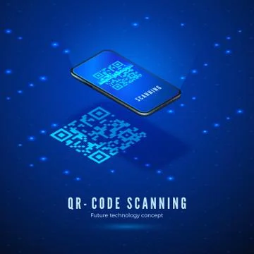 QR code scan isometric concept. Mobile phone with scanning digital barcode on 스톡 일러스트