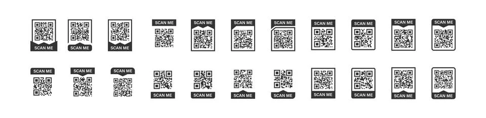 QR code, scan me set icons for mobile device design. Vector isolated black si Stock Illustration