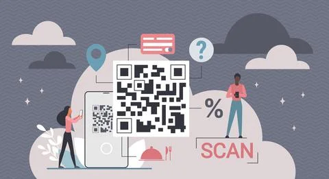 QR code scan for payment, tiny people with mobile phone scanner app pay online Stock Illustration