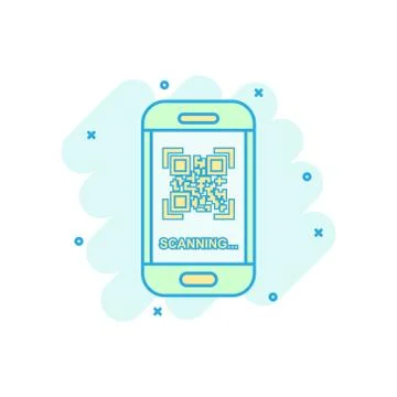Qr code scan phone icon in comic style. Scanner in smartphone vector cartoon  Stock Illustration