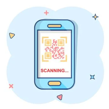 Qr code scan phone icon in comic style. Scanner in smartphone vector cartoon  Illustrazione stock