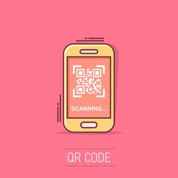 Qr code scan phone icon in comic style. Scanner in smartphone vector cartoo.. Illustrazione stock