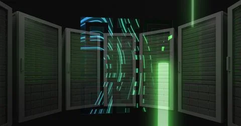 QR code scanner against computer servers Illustrazione stock