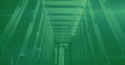 QR code scanner against data processing over empty server room Illustrazione stock