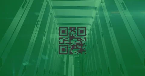 QR code scanner against data processing over empty server room Stock Illustration