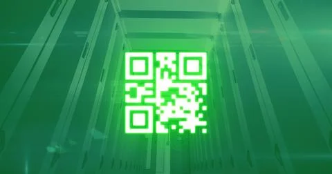 QR code scanner against data processing over empty server room 库存插图
