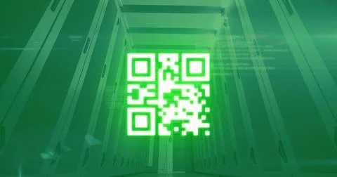 QR code scanner against data processing over empty server room Stock Illustration