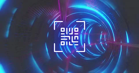 QR code scanner against glowing tunnel Illustrazione stock