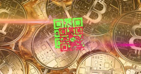 QR code scanner against golden bitcoins イラスト素材