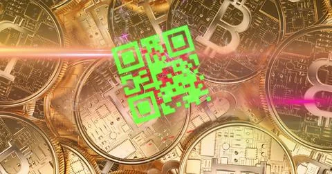 QR code scanner against golden bitcoins Illustration