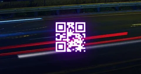 QR code scanner against light trails on black background Stock Illustration