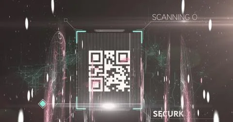 QR code scanner against screens of network of connections Stock Illustration