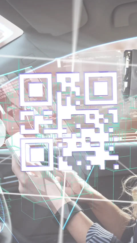 Qr code scanner against woman wearing vr headset using digital tablet in self Video stock 319066766