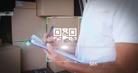 QR code scanner and data processing against male delivery man taking notes Stock Footage 140367419