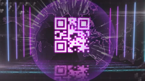 QR code scanner with neon elements against spinning globe and world map Stock Footage 141701205