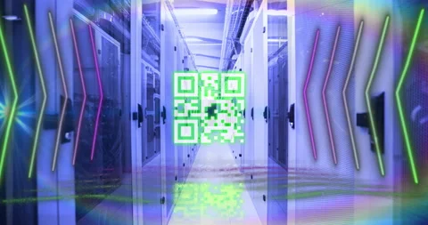 QR code scanner with neon elements against empty server room Stock Footage 141701206