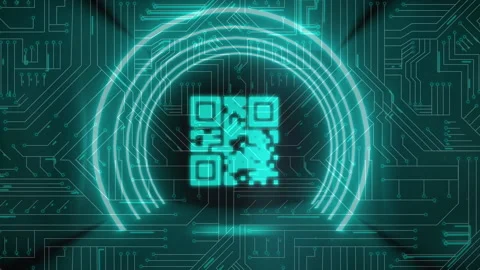QR code scanner with neon elements against microprocessor connections Stock Footage 141701226