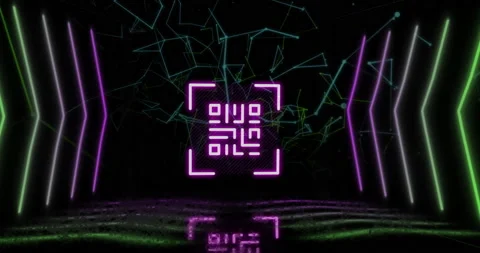 QR code scanner with neon elements against network of connections Stock Footage 141701230