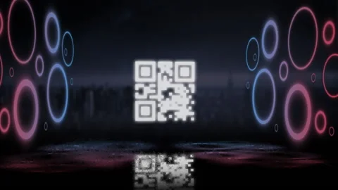 QR code scanner with neon elements against cityscape Stock Footage 141701231