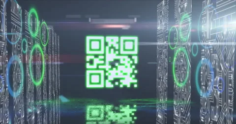 QR code scanner with neon elements against screen of microprocessor connections Stock Footage 141701236