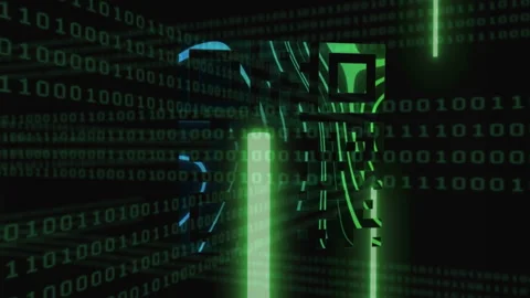 QR code scanner with neon elements against binary coding Stock Footage 141701244