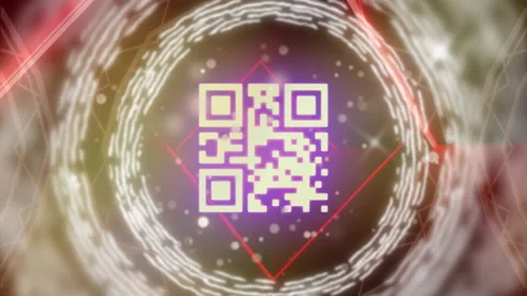 QR code scanner with neon elements against spots of lights Stock Footage 141701250