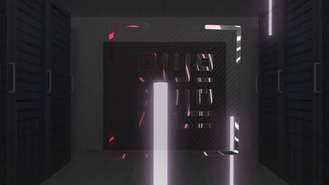 QR code scanner with neon elements against empty server room Stock Footage 141701252