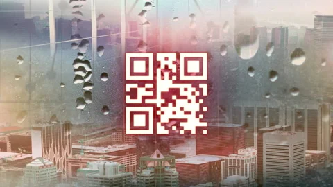 QR code scanner with neon elements against window with raindrops and cityscape Stock Footage 141701257