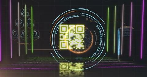 QR code scanner with neon elements against data processing and spinning globe Stock Footage 141701258