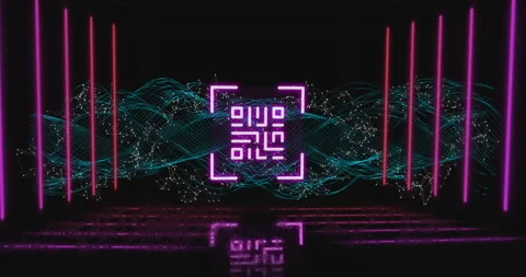 QR code scanner with neon elements against digital wave Stock Footage 141701277