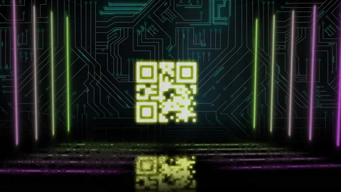 QR code scanner with neon elements against microprocessor connections Stock Footage 141701291
