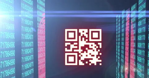 QR code scanner with neon elements against screens of data processing Stock Footage 141701292